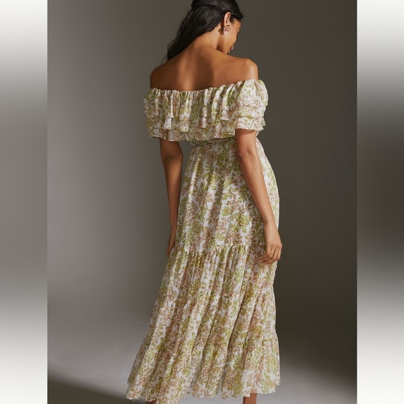 MISA Off-the-shoulder Ruffle Midi Dress Green Motif Small NWT - Picture 3 of 6